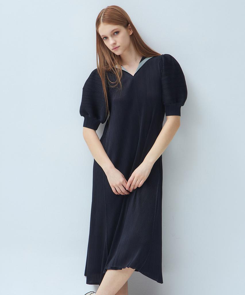 Waiowai Contrast Collar Puff Sleeve Pleated Long Dress_2 Colors