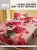1 Simple Modern Plant Flower Pink Rose Digital Printed Frosted Fitted Sheet,bedroom Printed Bed cover,bedding(No Pillowcase)