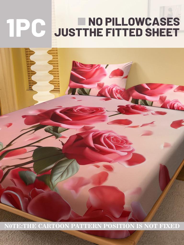 1 Simple Modern Plant Flower Pink Rose Digital Printed Frosted Fitted Sheet,bedroom Printed Bed cover,bedding(No Pillowcase)