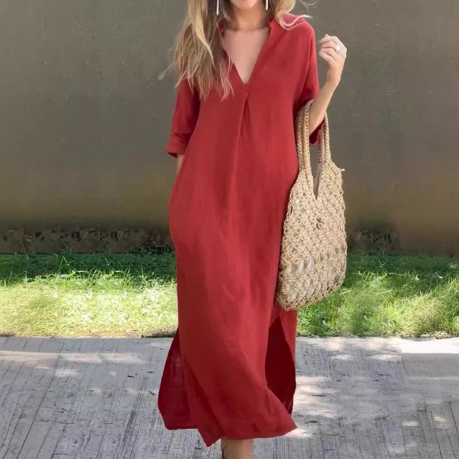 Women's Summer Side Slit Pocket V-Neck  Sleeve Pleated Dress