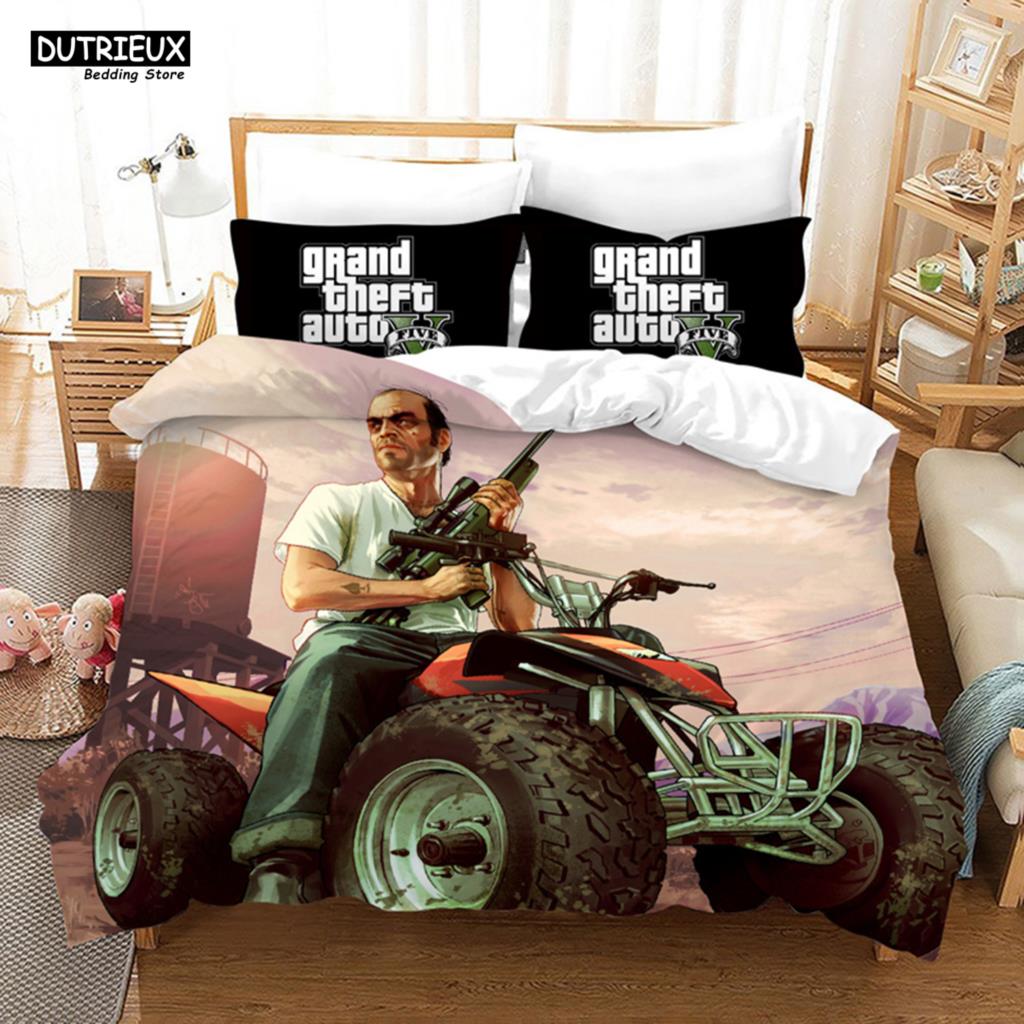 GTA V Game - Themed Cartoon Bedding Set with Duvet Cover and Pillowcase, Including Comforter