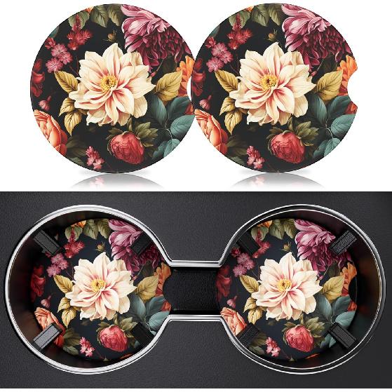2 Pack Car Cup Holder Coasters, 2.63 Inch Anti Slip Ceramic Absorbent Coaster with Cork Base and Finger Notch, Cute Car Accessories Interior for