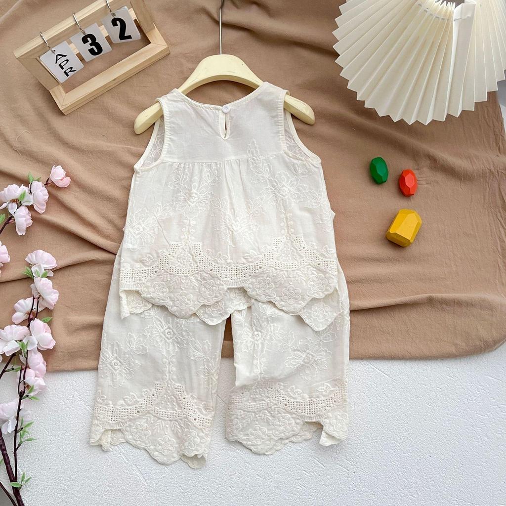 Girls Summer Thin Breathable Set of Small Children In Lace Sleeveless Undershirt + Wide-legged Pants Comfortable Leisure Two-piece Set