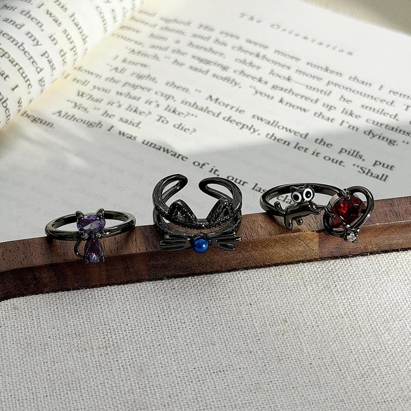 Dark Gothic Y2K Cat Full Diamond Zir*****Pen Ring Sweet Cool Niche Premium Sense Stacked Ring