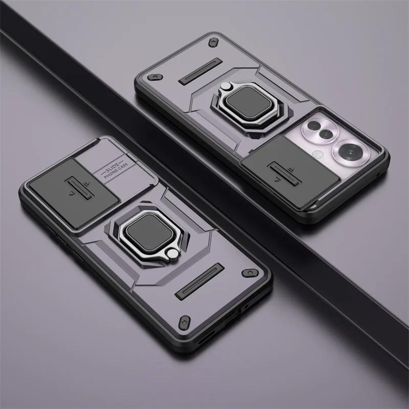 Slide Lens Camera Armor Case For OPPO Reno 12 Pro 11F 5G A60 4G Protective Cover Ring Magnetic Holder Shell Coque Fundas Capa