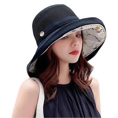 Summer Women's Double-sided Bucket Hat Korean Version Mesh Pattern Button Pot Hat Outdoor Sunscreen Hat