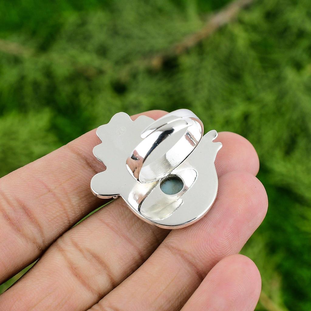 Gift For Her Natural Larimar Multi Stone Flower Adjustable Ring 925 Silver