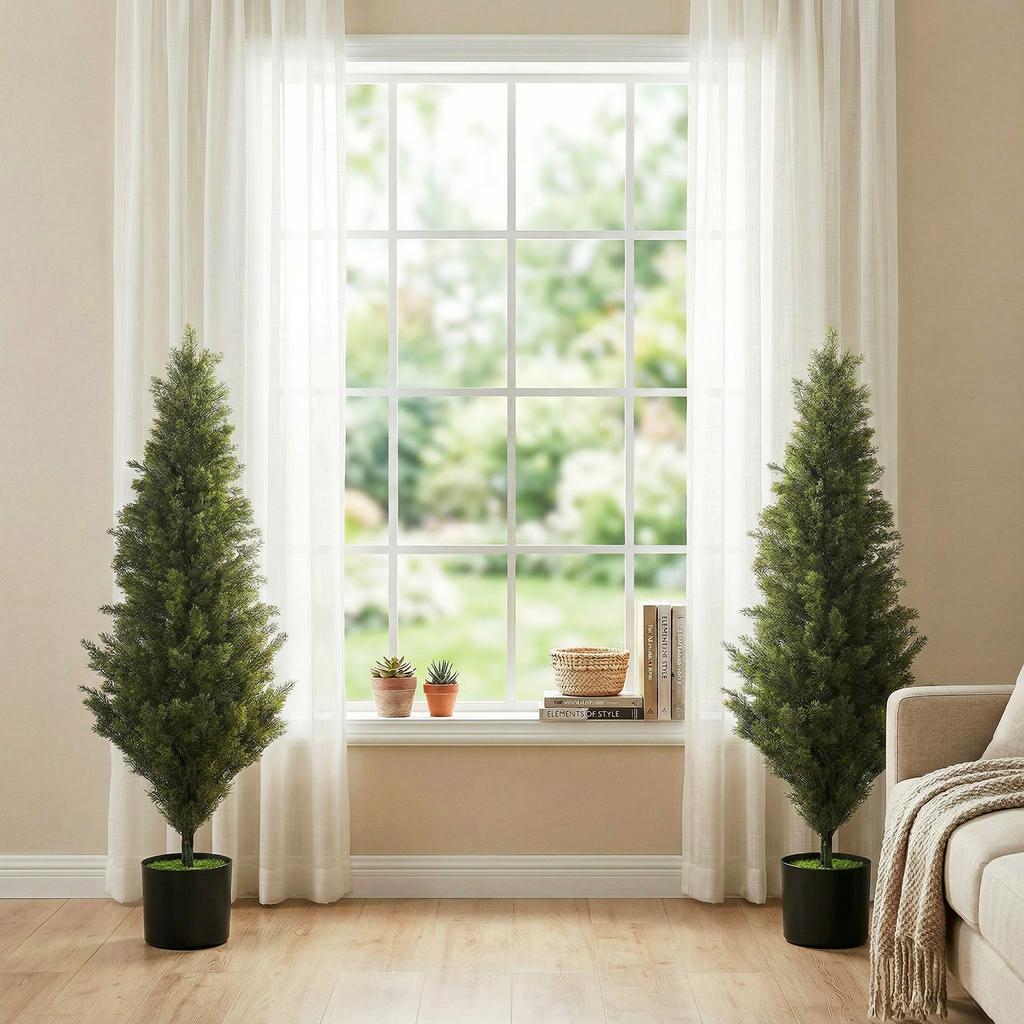 Set of 2 Decorative Artificial Plants Cypress in Weighted Pot, Fake Plant with 1092 Leaves, 120 cm