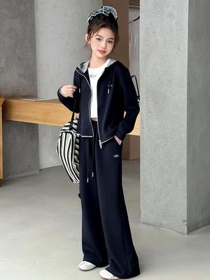 Girls' 2025 New Fashion Hooded Jacket & Wide-Leg Pants Two-Piece Set for Spring & Autumn