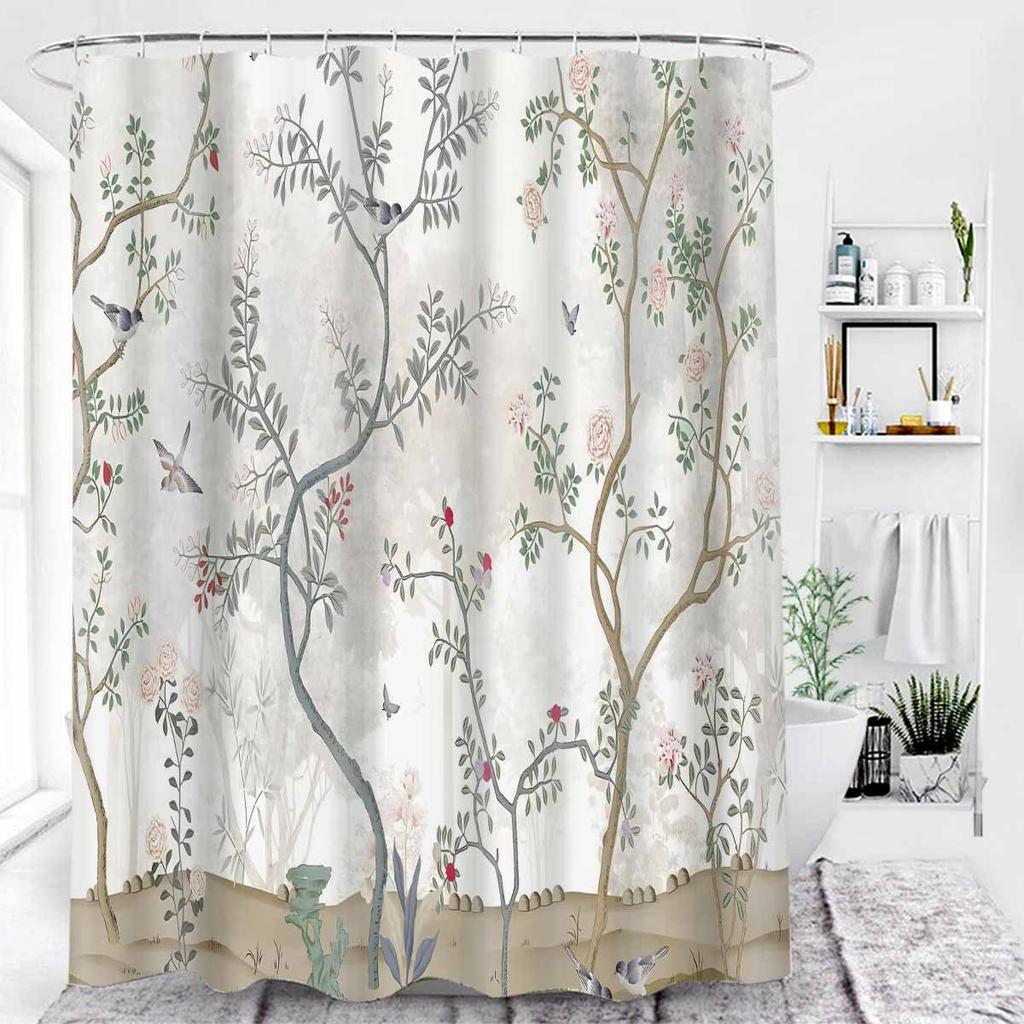 Floral Shower Curtain - Elegant Botanical Design, Polyester, Easy to Clean, 12 Hooks, Serene Nature-Inspired Bathroom Decor