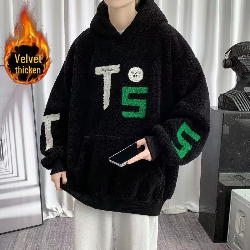 Men s Classic Lambswool Velvet Hoodie - Youth Fashion Warm Sweatshirt 3XL чёрный