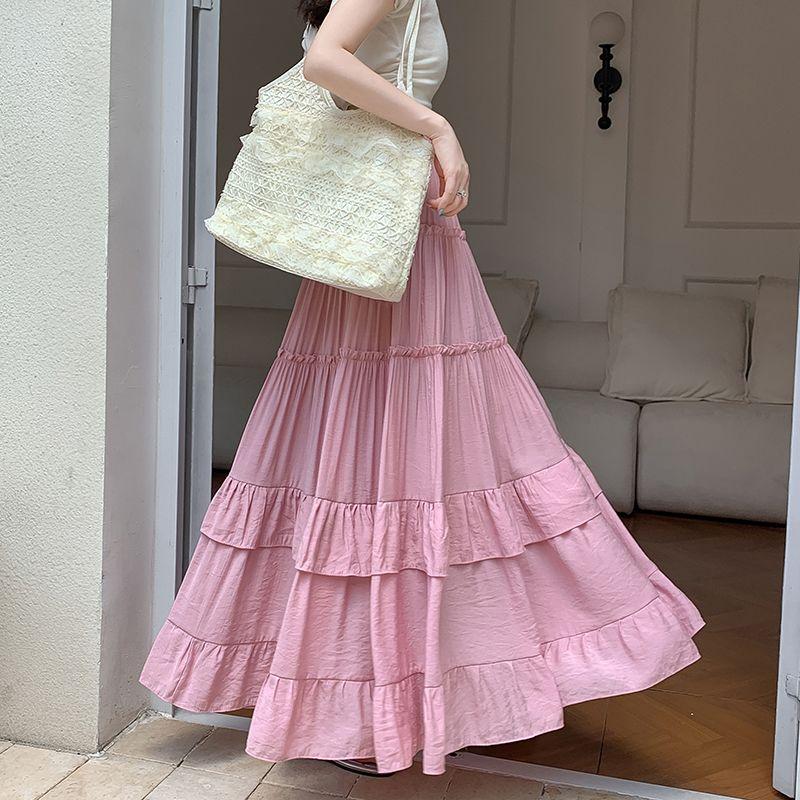 White Tiered Ruffle Hem Skirt High Waist Flowy A-Line Maxi Skirt, Summer Chiffon Layered Skirt with Pleats