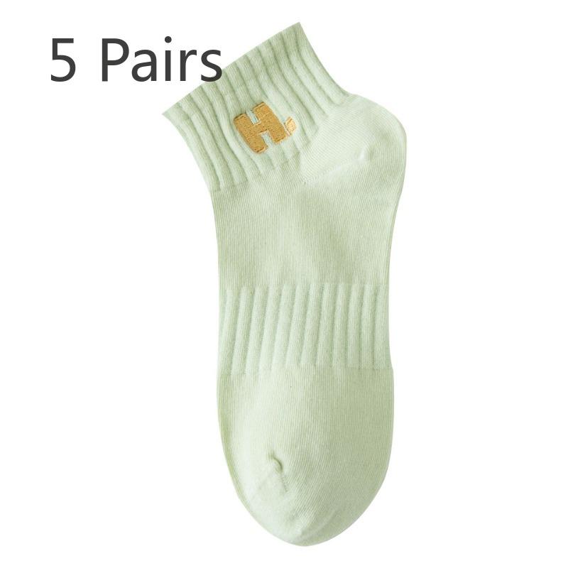 5 Pairs of Women's Spring and Autumn Cotton Short Tube Embroidery Sports Boat Socks