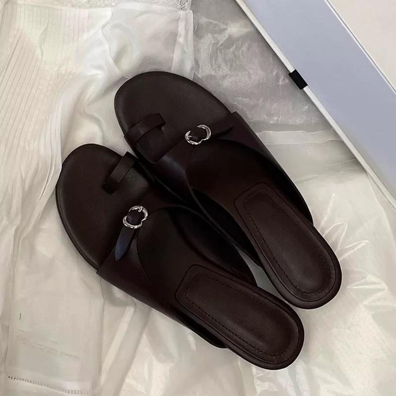 Cowhide Version~ Retro Niche Set Toe Cool Slippers Women's Outer Wear 2025 Summer Belt Buckle Low-heeled Sandals