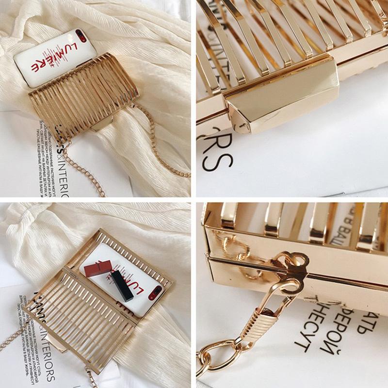 Gold Women Chain Crossbody Bags Iron Cage Metal Hollow Out Evening Clutch Purse Women Party Wedding Handbags Prom Luxury Bolso