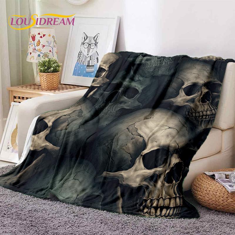 3D Horror Gotycka Czaszka Szkielet Miękkie Flanelowe Kocyki, Koc do Rzucania Wygodny Koc na Piknik Łóżka Kanapę Domową Sypialnię Prezenty