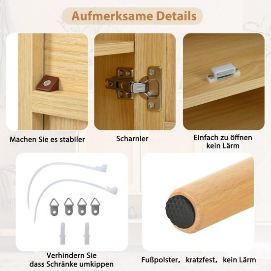 Shoe Cabinet with 2 Rattan Doors and 5 Shelves, Hallway Shoe Cabinet with Wood Handles and Solid Wood Legs