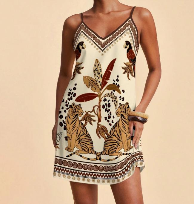 2026 Summer Fashion Casual Spaghetti Strap Printed V-Neck Slim Fit Dress for Women