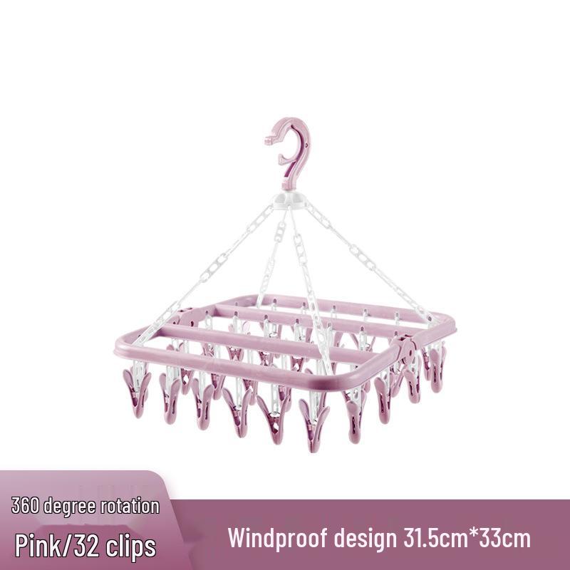 Windproof 32-Clip Plastic Hanger: Multifunctional Clothes & Socks Drying Rack for Adults & Children, Portable and Durable.