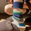 Trendy Ethnic Style Socks for Women, Pure Cotton, Autumn and Winter, Personalized and Versatile, Color-blocking Thick Thread Pile Socks