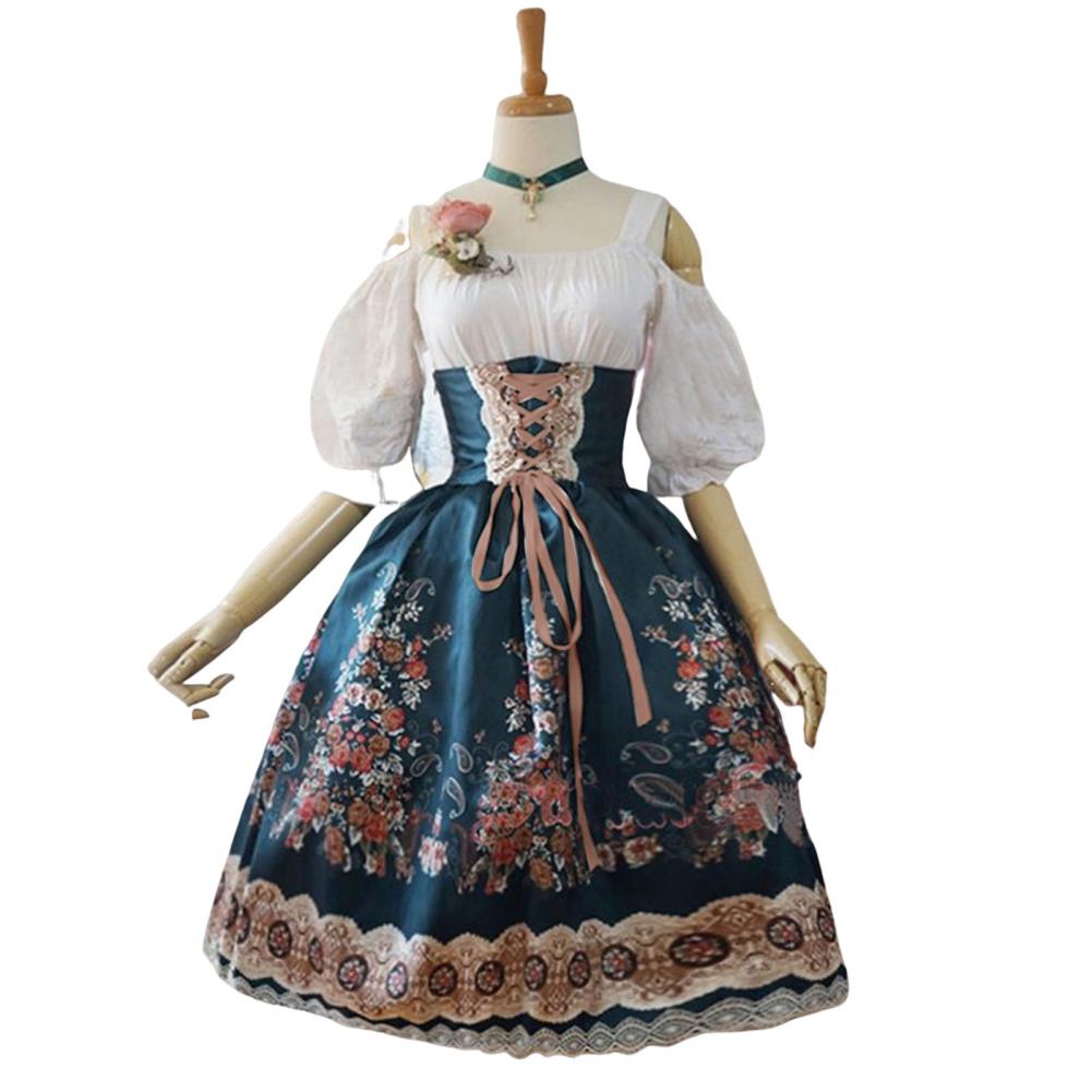 Justerbar stroppkjole Elegant Lolita Princess Style A-linjekjole med blonde blomstertrykk Off Shoulder Design for kvinner