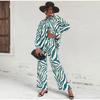 Autumn Elegant Long Sleeve Top And Elastic High Waist Trousers Suit Trouser Suits Loose Stripe Women Shirt Pants Two Piece Set