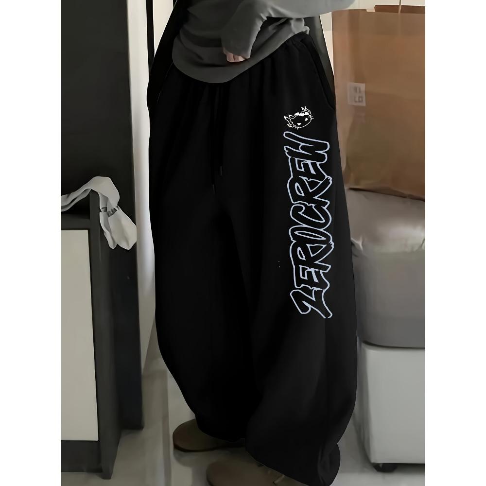 Loose-Fitting Straight-Leg Pants with a Print, Casual Hip-Hop Streetwear, Women S Wide-Leg Trousers S