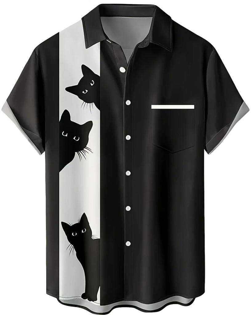 Kočičí potisk tričko s přední zvířecí kočkou na letní oblečení Černá [aspersio] Krátký rukáv s límečkem, unikátní, zábavné, pánské, výrazné, top, cool, volného střihu