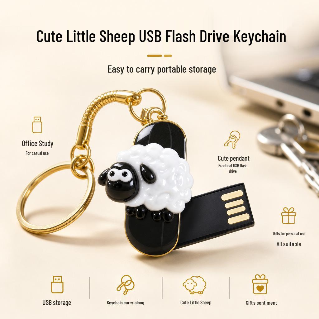 Мультяшная Овечка USB-брелок 32 ГБ - Милый, Креативный, Большой емкости 128 ГБ, Идеальный подарок для студента 4GB black