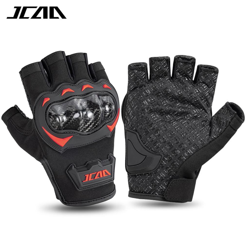 JCAA Black Summer Half Finger Motorcycle Gloves with Carbon Fiber Knuckle Protection - Breathable & Durable Motorbike Gloves Men