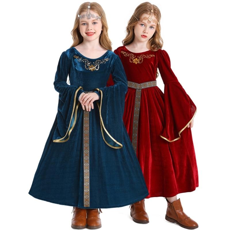 Robe médiévale pour enfant avec coiffe, Vêtements médiévaux pour enfants à manches trompette, Costume Cosplay Halloween pour Fille