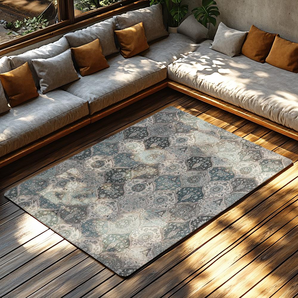 Bohemian Blue White Area Rug, Non-Slip Vintage Persian Pattern Living Room Carpet, Washable Low Pile for Bedroom Hallway Decor