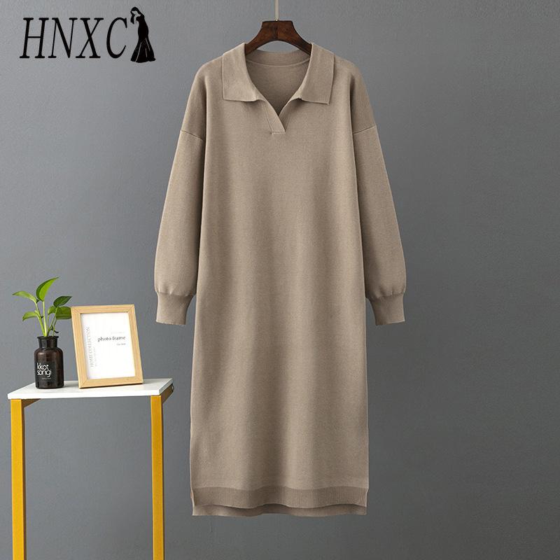 HNXC Rochii de toamnă-iarnă tricotate largi pentru femei, cu guler polo de culoare solidă, cu căptușeală