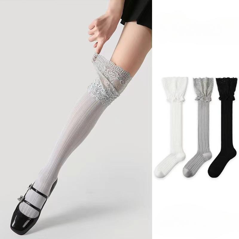 Women's Floral Lace Calf Socks Lolita Girls Thigh High Over Knee Stockings Retro Warm Boot Socks  JK Style
