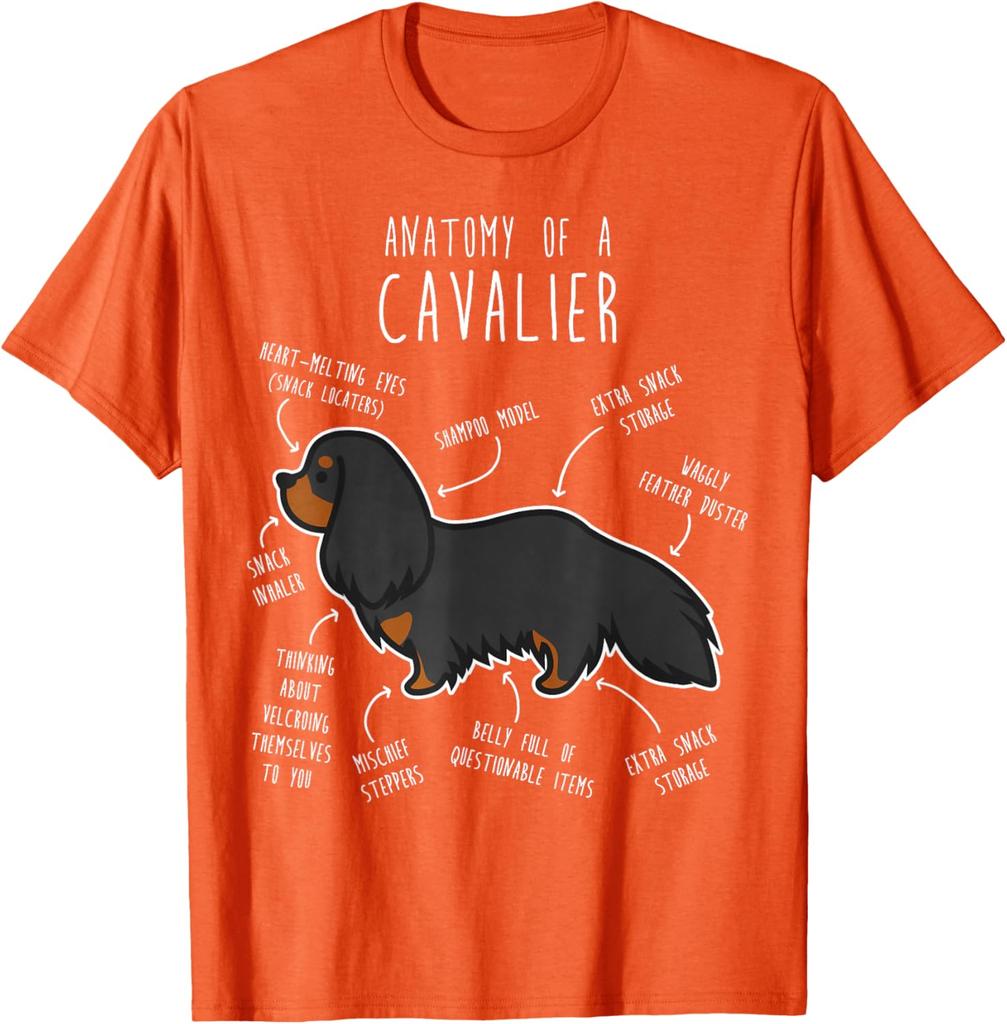 Anatomy of a Cavalier Funny Dog Breed Illustration Graphic Tee Soft Cotton Casual T-Shirt for Men Women