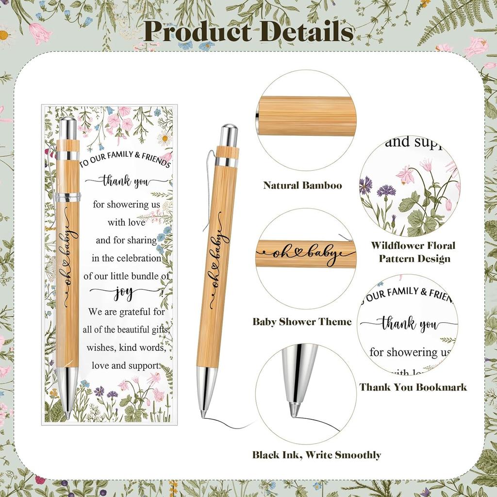 Zhanmai 50 Sets Baby Shower Pens Gifts Bulk Baby Shower Favors for Guests Sage Greener Woodland Bamboo Ballpoint Pens with Cards for Gender Reveal
