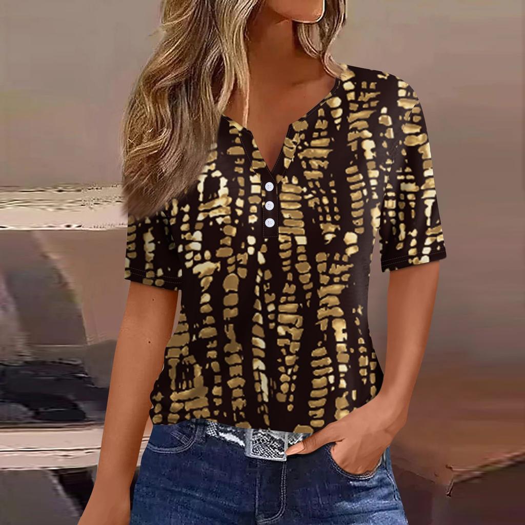 Women's T Shirt Tee Print Button Short Sleeve Daily Weekend Fashion Basic V- Neck Regular Top