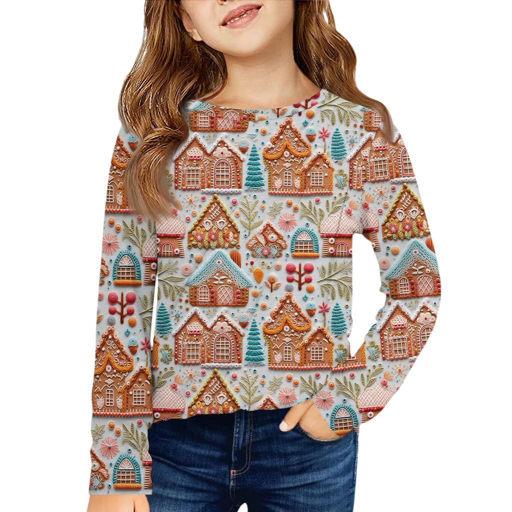 Girls' Long Sleeve Tee - Pleated Round Neck Casual Top
