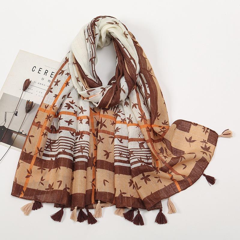 Spring and Autumn New Bali Yarn Tassel Retro Printed Geometric Scarf Versatile Fashion Travel Sunscreen Shawl Silk Scarf Women