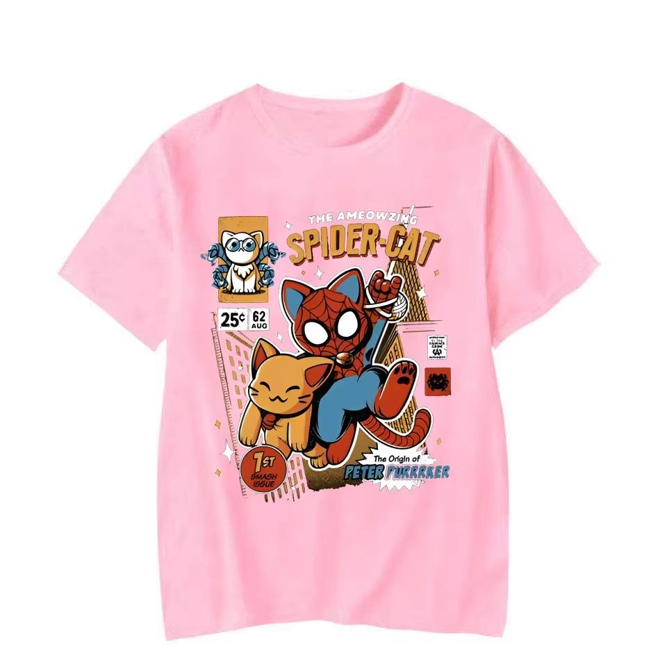 Sommer Neues Cartoon Spinne Katze Lustiger Druck Anime T-Shirt für Unisex Kurzarm O-Ausschnitt Baumwoll-Tees Lässig Locker Übergroße Oberteile