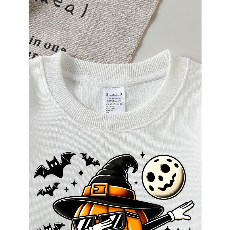 European sizes Girls' Long-Sleeve Crewneck Sweatshirt "Pumpkin Skateboard" Printed Top, Casual for Celebrations & Everyday Wear