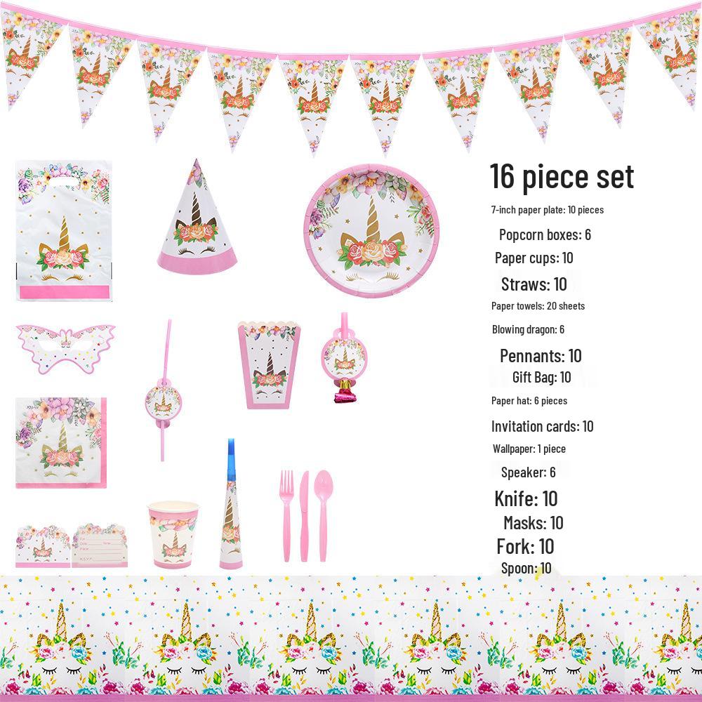 

Набор для вечеринки «Розовый единорог»: Бумажные тарелки, салфетки, столовые приборы и скатерть для детского дня рождения.