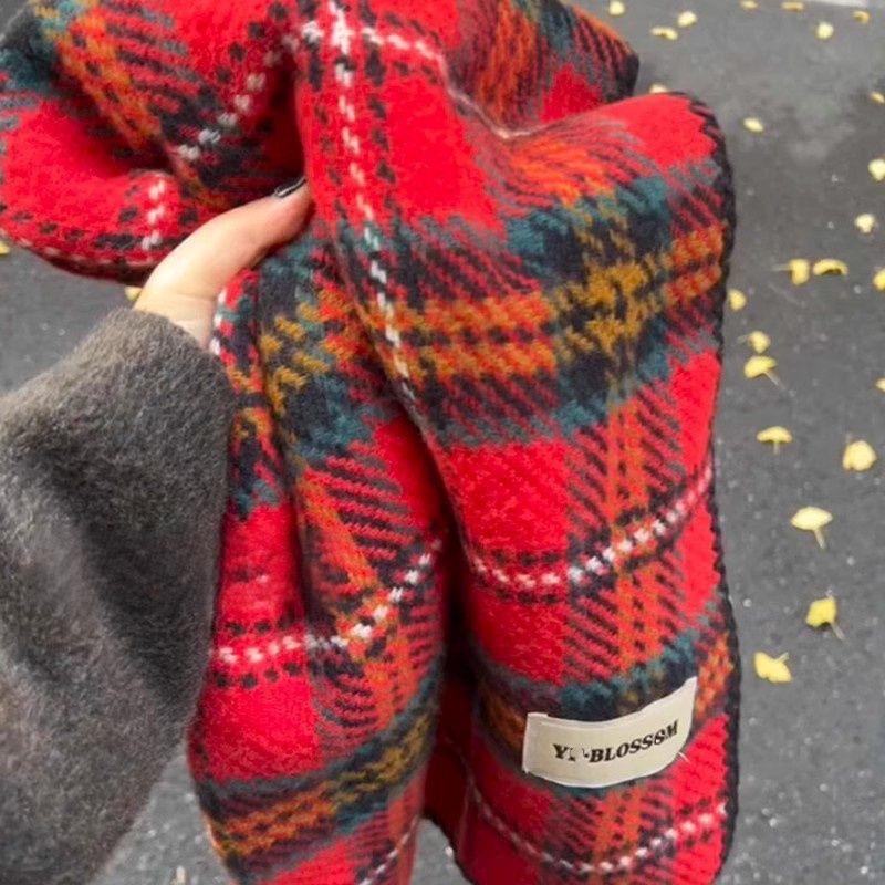 Women's Red Plaid Edge Scarf - Cozy Winter Shawl, Imitation Cashmere, Korean Style Neck Warmer