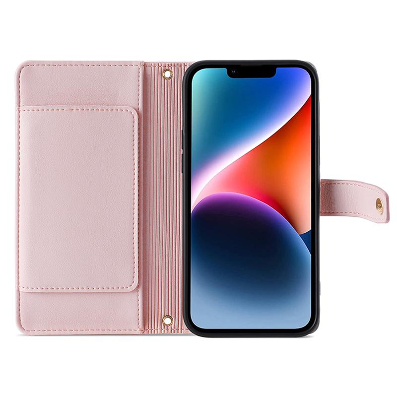

For iPhone 15 Pro Zipper Credit Card Holder Case PU Leather Stand Wallet Phone Cover with Wrist Strap and Shoulder Strap Pink