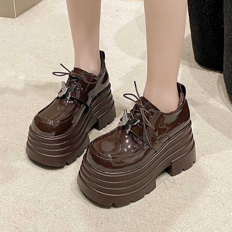 Aphixta 10cm Super High Women Autumn Boots Butterfly Lace Up Women Shoes Thick Botton Sole Boot Patent Leather Footwear