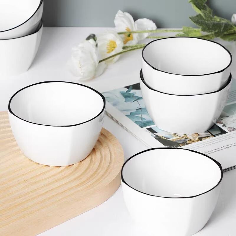 Nordic Pure White Ceramic Square Bowls with Black Trim (Set of 6)