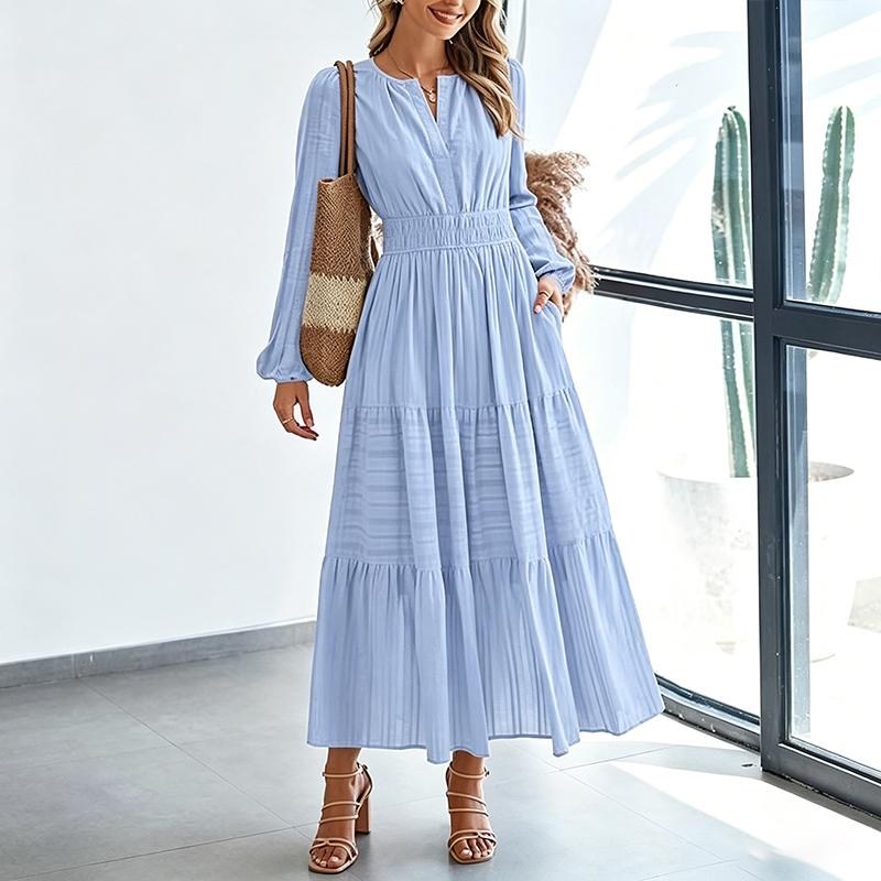 Abito Lungo da Donna con Scollo a V, Manica Lunga, a Strati, Vita Arricciata, Orlo a Volant, Abito Casual per Primavera ed Estate