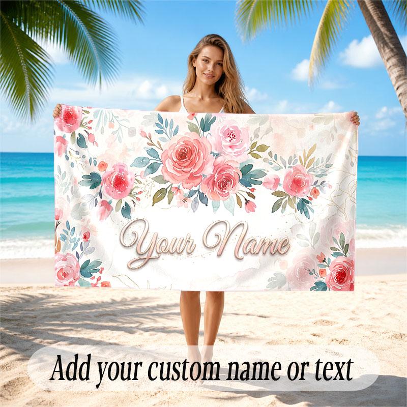 Floral Garden Theme Soft Beach Towel Personalized Custom Name Text Towel Portable for Beach Pool Travel