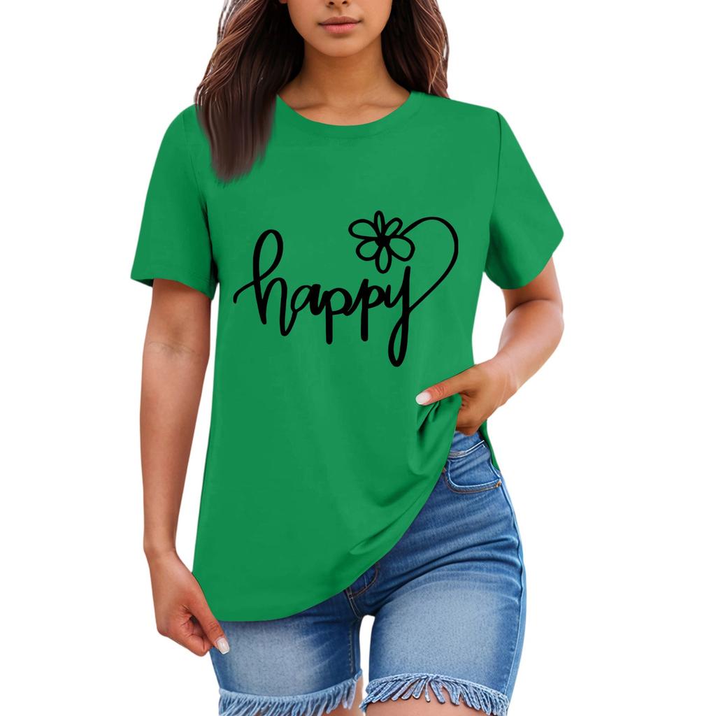 Ladies' Loose Comfortable Casual Fashionable “Happy”Character Printed Round Neck Short Sleeved Shirt