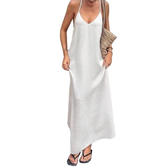 Women Sexy Backless Neck Sleeveless Summer Beach Dress Halter V Maxi Dress Vacation S